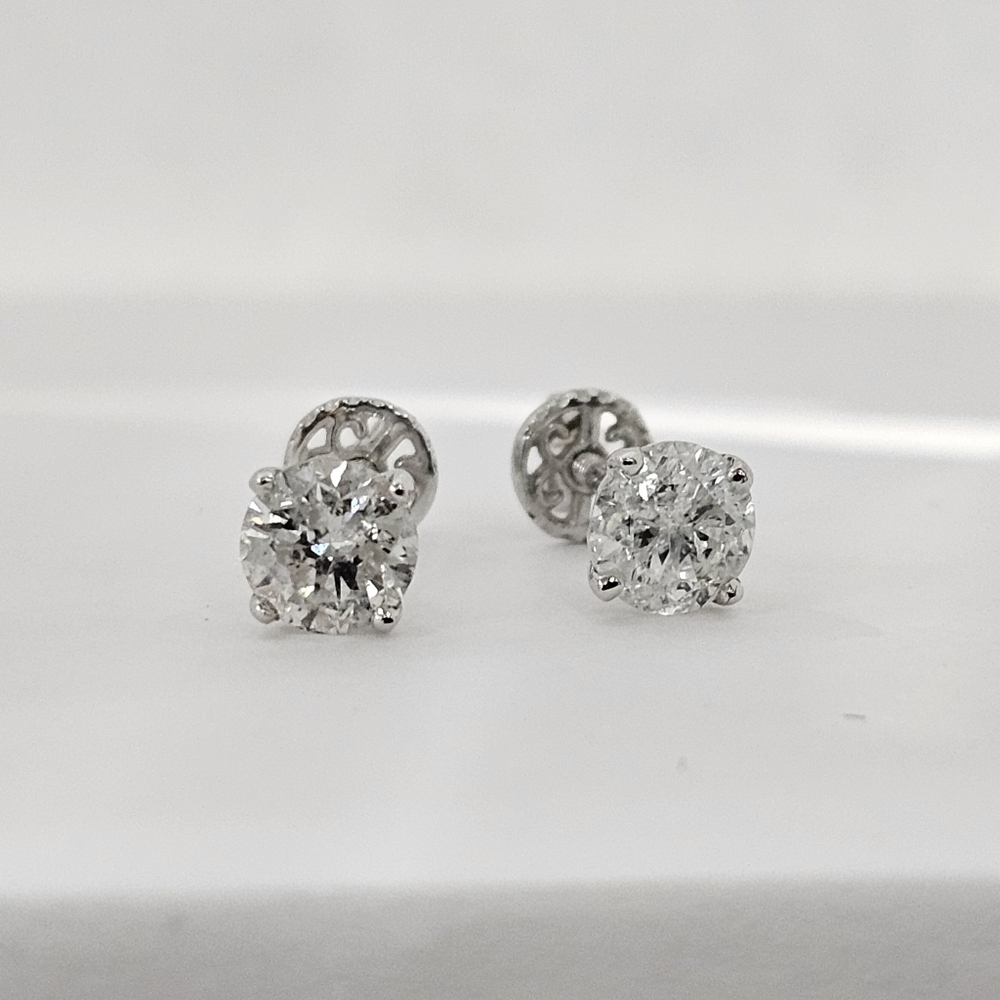 18K White Gold 1ctw Round Diamond Studs Genuine